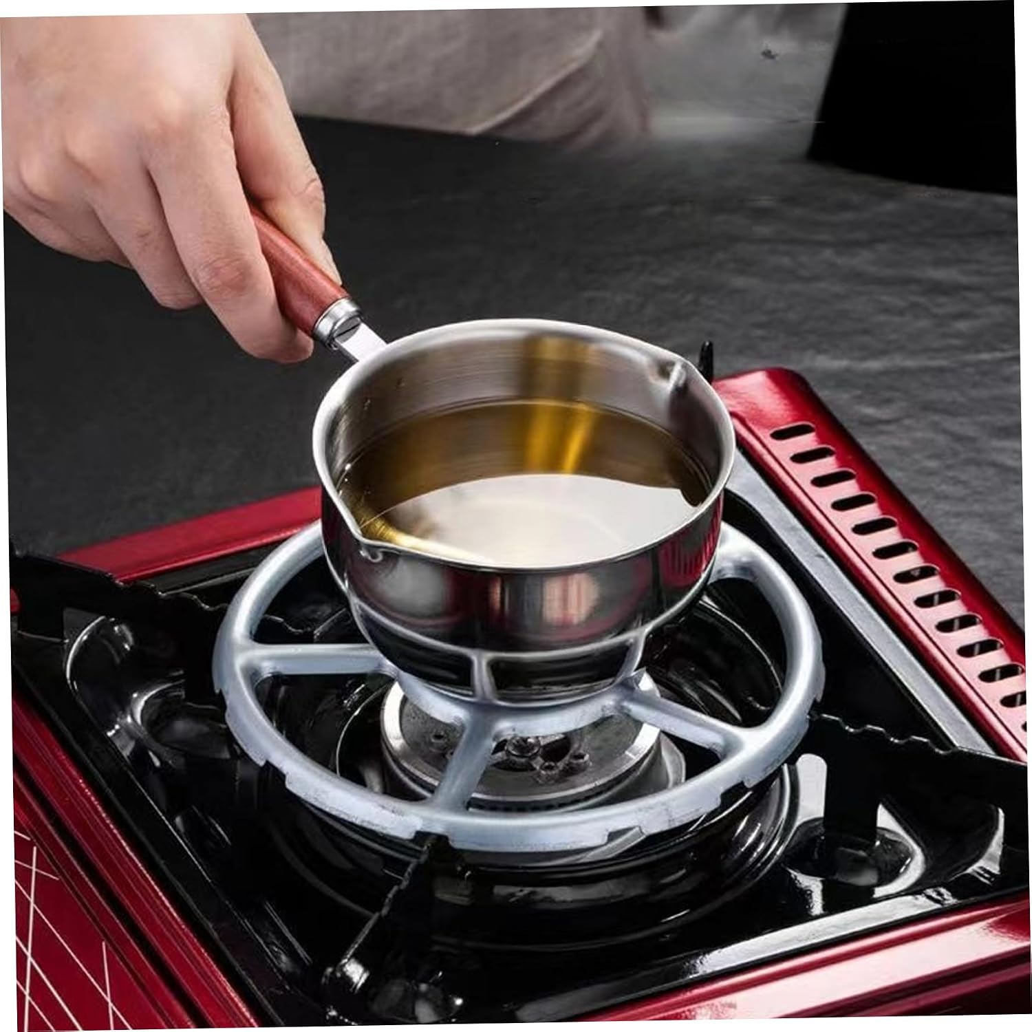 Small Sauce Pan 500ml Stainless Steel Mini Pot Butter Warmer Mini Pan with Wooden Handle & Hanging Rope Sauce with Pour Spout for Cooking Hot Oil, Butter Melting