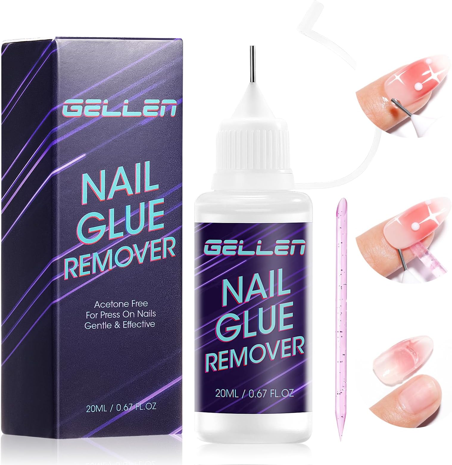 Pinpoint Nail Glue Remover for Press ons, 0.68 Fl.oz Non Acetone Gentle Glue Remover, Multi-Functional Remover for Nail Tips, Quick & Easy Gel x Nails Off