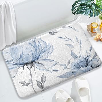 Blue Grey Watercolor Floral Bath Mat,Flower Leaves Minimalist Aesthetic Non Slip Absorbent Floor Rugs Quick Dry Soft Velvet Rugs Carpets, for Bathtub Bathroom Bedroom Kitchen, 17x29 Inch
