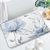 Blue Grey Watercolor Floral Bath Mat,Flower Leaves Minimalist Aesthetic Non Slip Absorbent Floor Rugs Quick Dry Soft Velvet Rugs Carpets, for Bathtub Bathroom Bedroom Kitchen, 17x29 Inch