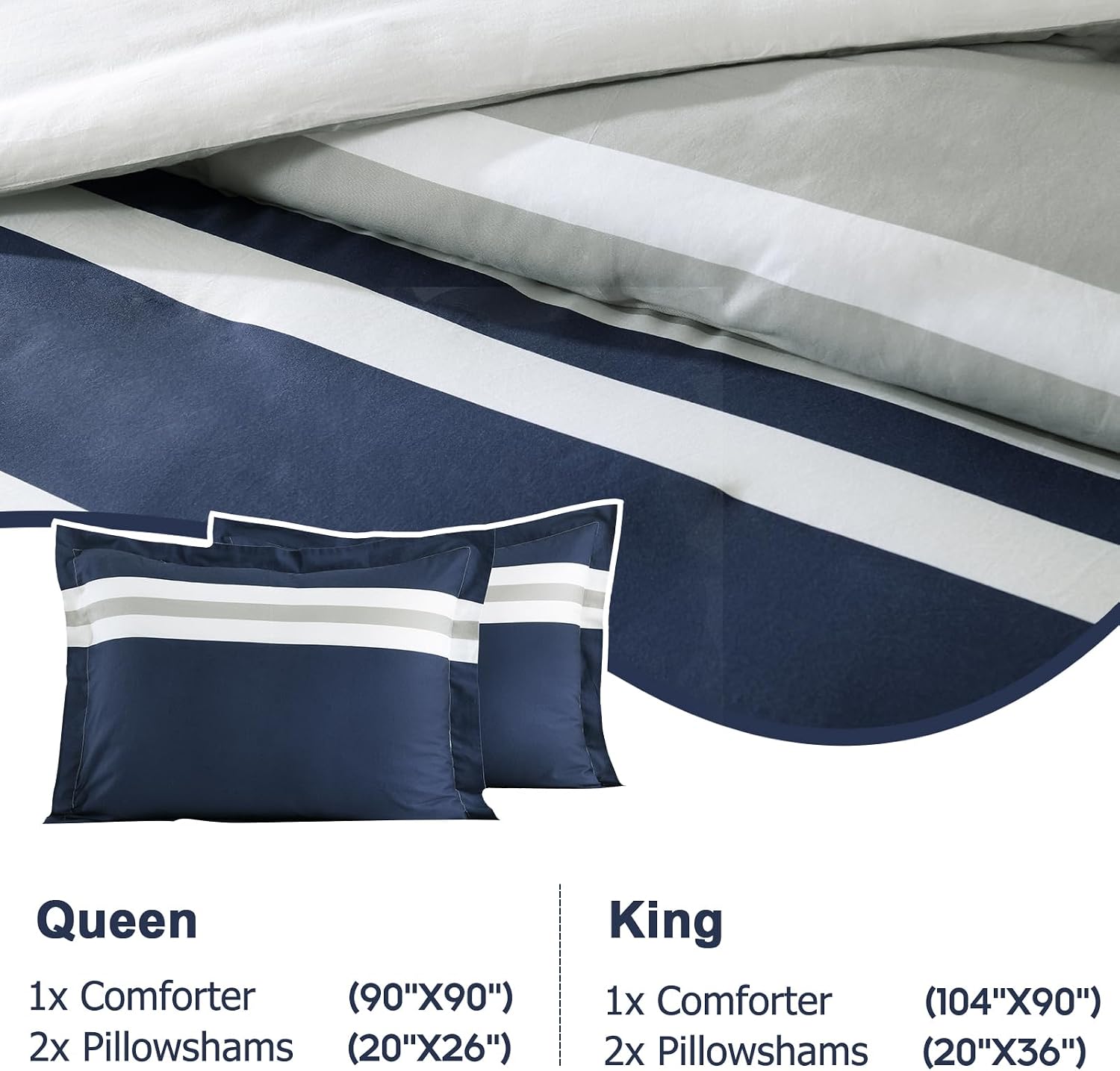 Finlonte King Size Comforter Set, Navy Blue Grey White Striped Comforter Bedding Set, 100% Cotton Luxury Fluffy Cozy Bed Set, Modern Minimalist Lightweight King Quilted Comforter All Season, 104"x90"