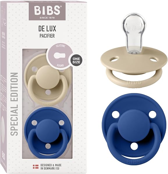 BIBS De Lux Schnuller 2er-Pack, BPA-frei, Kirschform Nippel. Silikon, Hergestellt in Dänemark. 0-36 Monate (2er Pack), Vanilla/Cornflower - 1