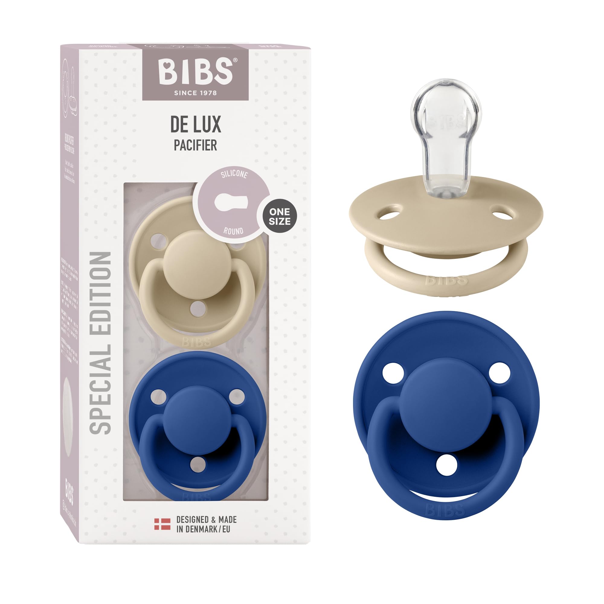 BIBS De Lux Schnuller 2er-Pack, BPA-frei, Kirschform Nippel. Silikon, Hergestellt in Dänemark. 0-36 Monate (2er Pack), Vanilla/Cornflower