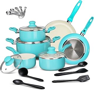 MASTERTOP Non-Stick Pot and Pan Sets, 16 Piece Induction Cookware Set with Glass Lids & Stay Cool Grip, 2 Frying Pans + 2 Stock Pots + 2 Milk Pans + 10 Kitchen Tools - Blue