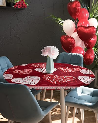 Vista 86 de Mantel redondo ajustable de Navidad para mesa redonda, mantel rojo floral de Navidad, mantel impermeable con borde elástico, mantel circular rojo