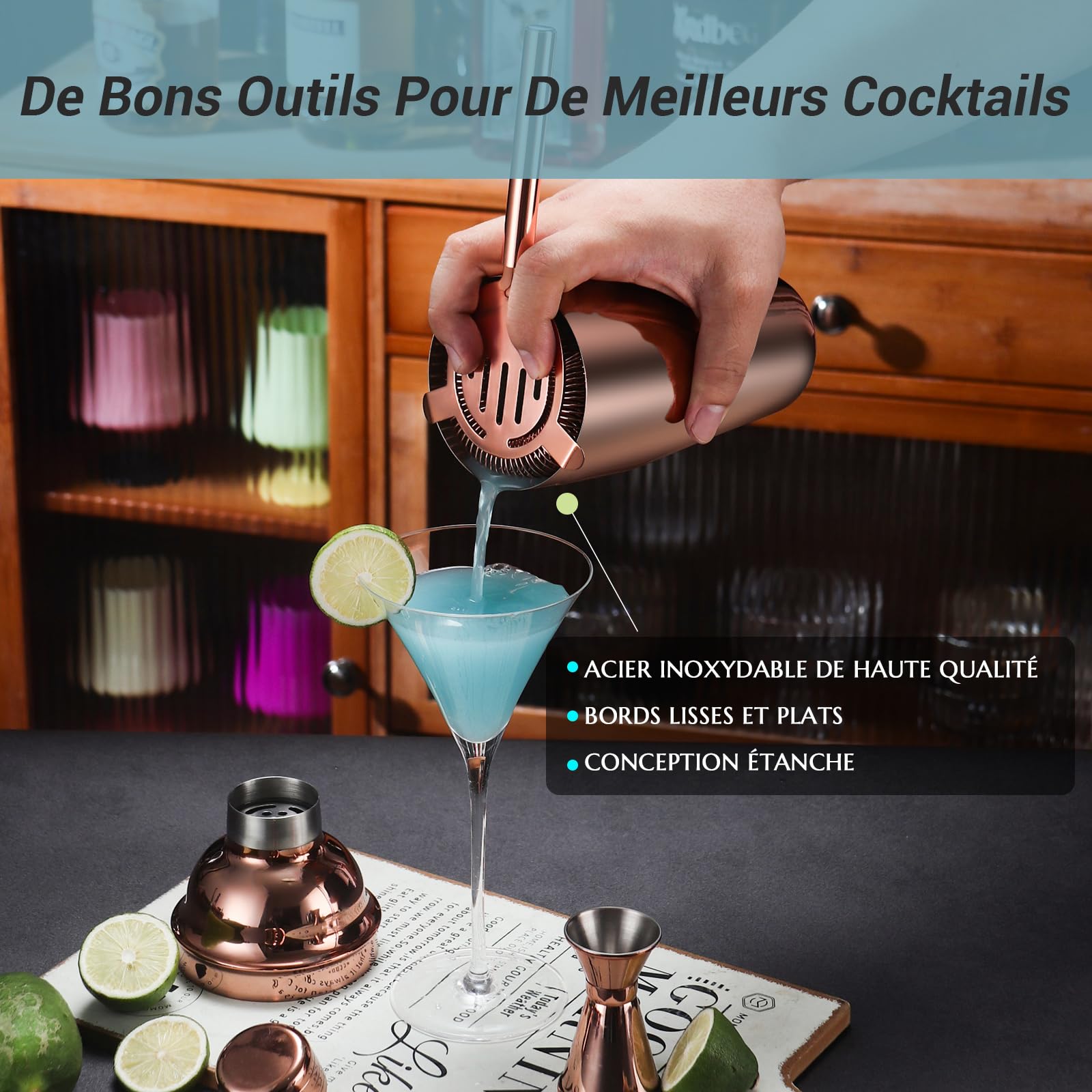 Kit Shaker à Cocktail avec Support, Kit Cocktail 12 Pièces en Acier Inoxydable avec Shaker Cocktail de 750ML Pilon Verre Doseur Cocktail, Machine à Cocktail Set pour Bar à Domicile, Fête (Or Rose)