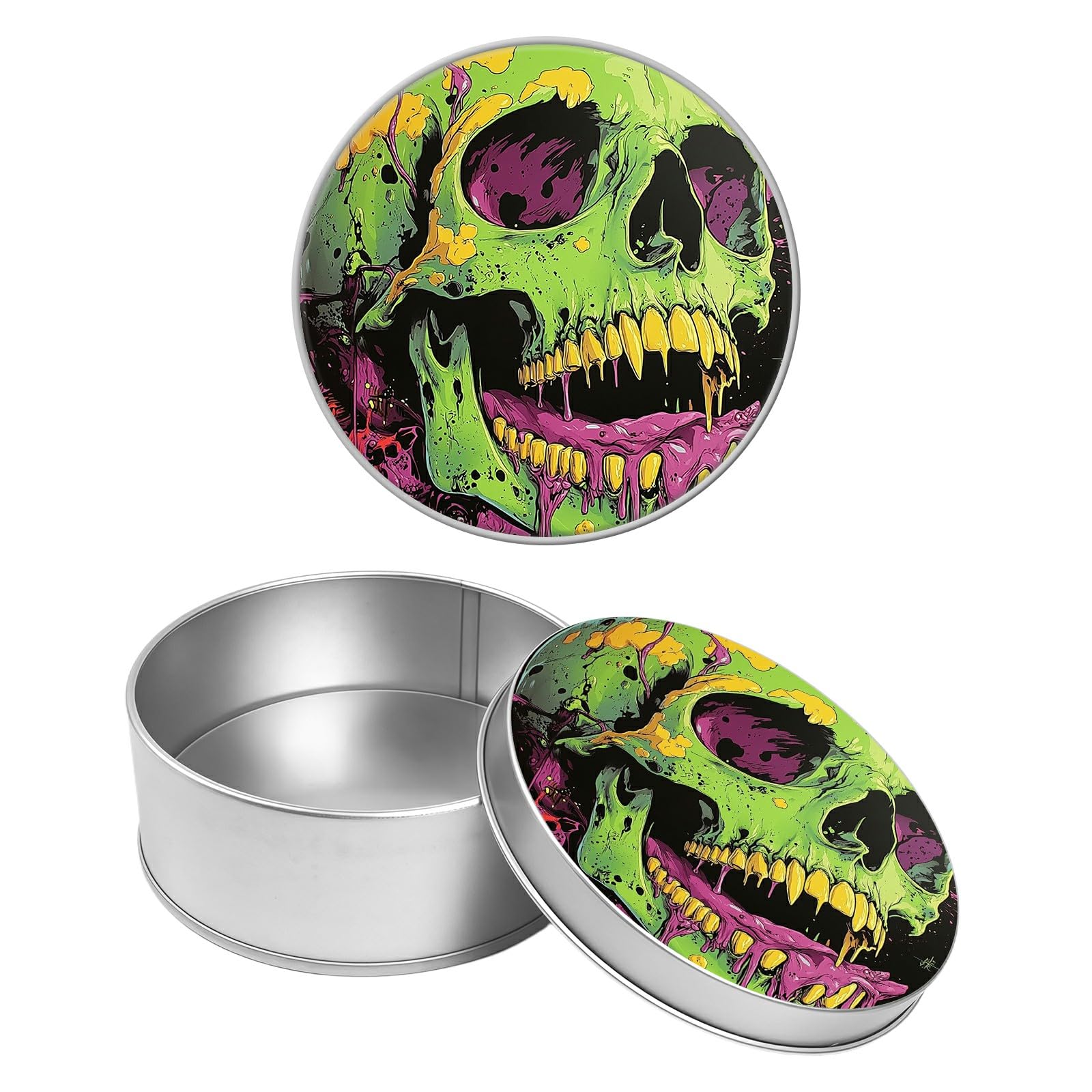 Round Metal Tin Container with Removable Lid, Melting Skull Durable Metal Storage Box for Crafts Snacks Candies Office Supplies Small Items 3.54 x 1.38 inch– Single Pack