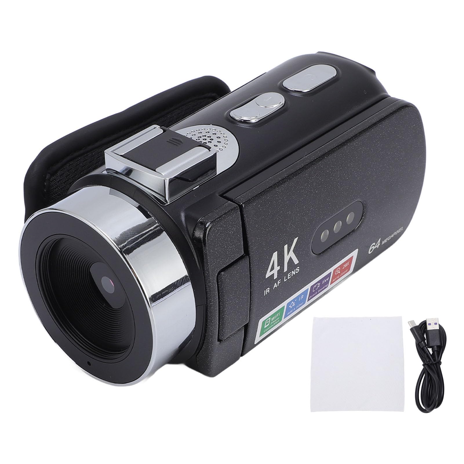 Videocamera 4K 64MP HD 28X Zoom digitale Messa a fuoco automatica Videoregistratore per fotocamera digitale con schermo rotante da 3 pollici Luce LED per i viaggi