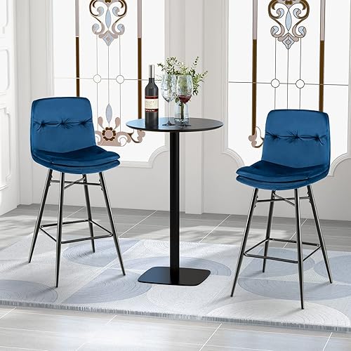Miniatura 7 de COSTWAY Juego de 2 taburetes de bar, sillas de terciopelo de 28.5 pulgadas con respaldo copetudo, reposapiés y patas de metal, sillas altas