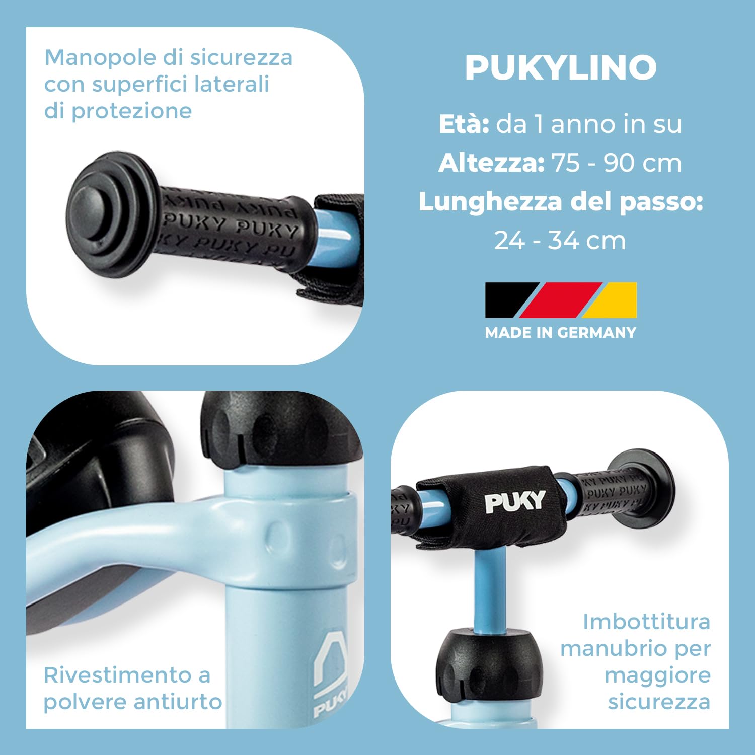 PUKY PUKYLINO Retro Blue | veicolo antiscivolo per interni bambini a partire da 1 anno | Girello | Giocattolo per bambini | Seduta ergonomica, maniglie di sicurezza e cuscinetti per manubrio |
