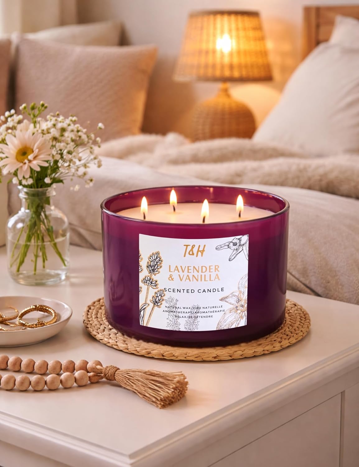 Lavender Vanilla Scented Candle | Large 4-Wick Soy Candle for Home 20 oz | Calming Aromatherapy Candle | Long Lasting Clean Burn | Relaxing Gift for Women & Men