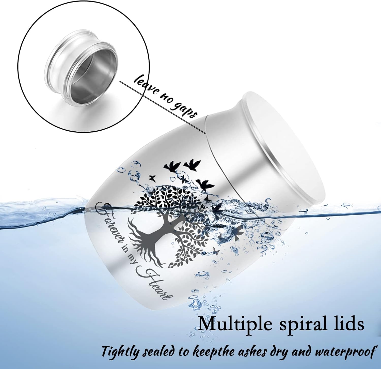 Tree of Life Mini Set of 7 Stainless Steel Memorial Ashes Holders - Small Keepsake Urns for Human Ashes - Perfect for Funeral - Forever in my heart (Silver-7pcs)