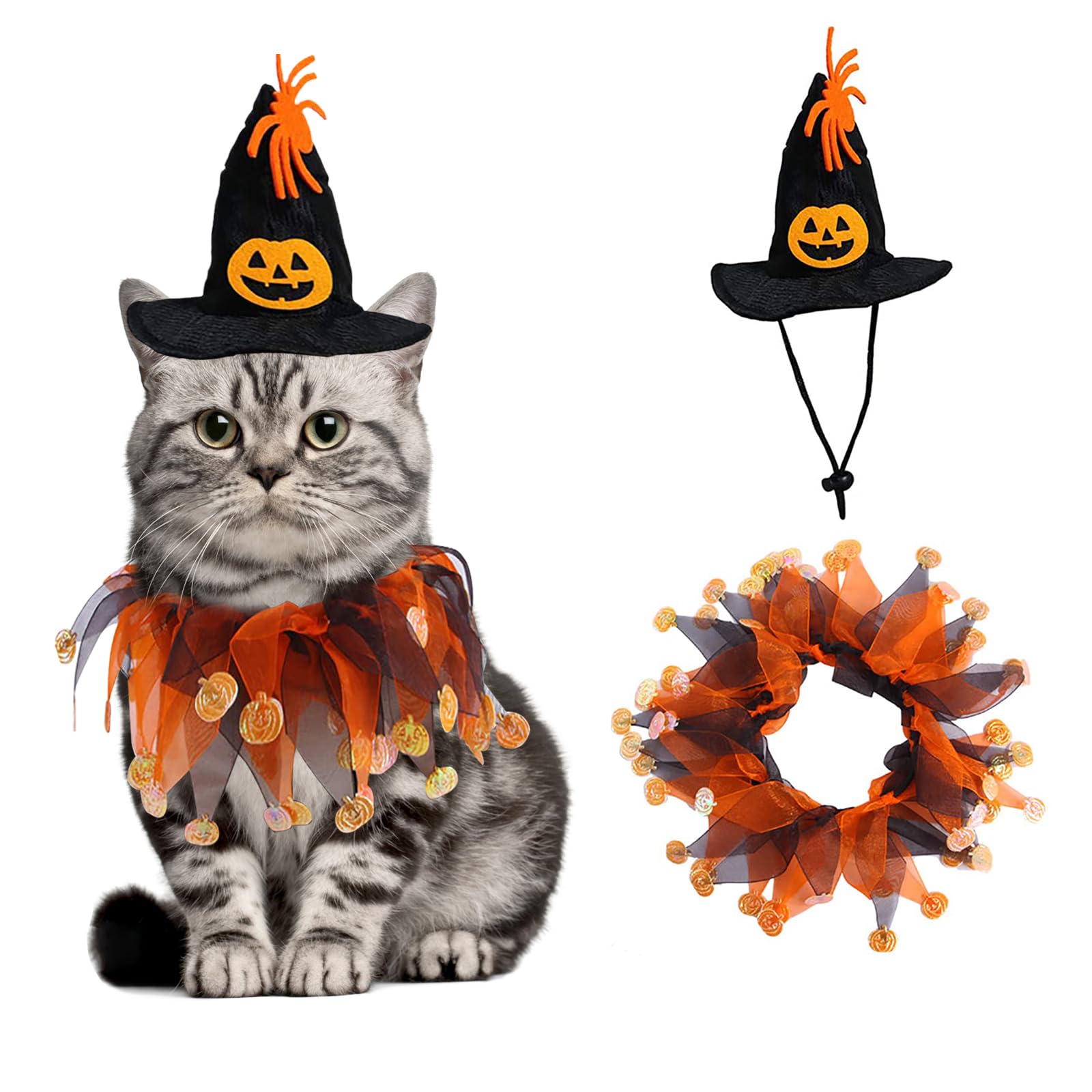 Paquete de 3 disfraces de Halloween para perro, gato, bruja, sombrero negro, bandana de Halloween para perro, bufanda triangular, patrón de calavera de Halloween, corbata de calavera para mascotas
