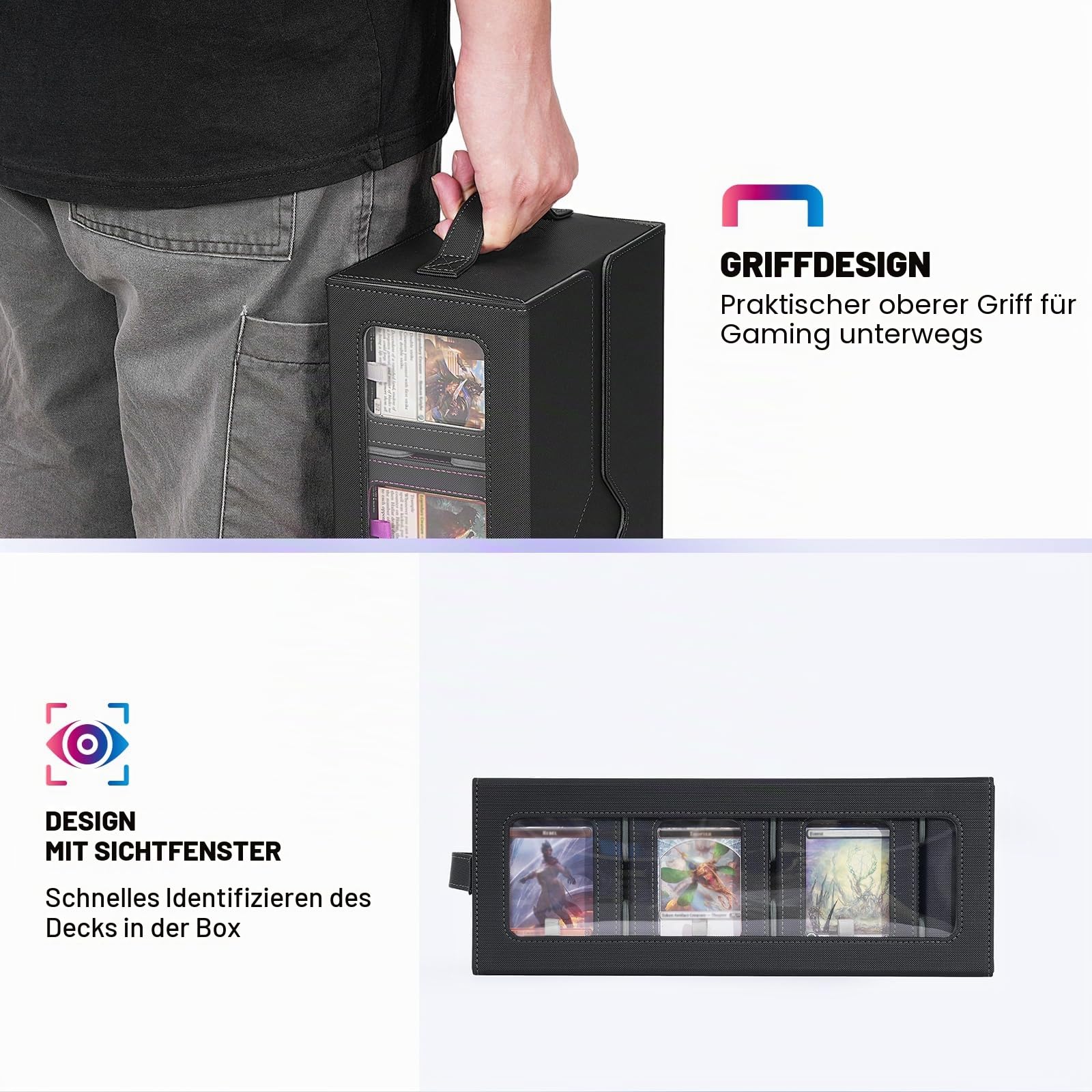 UAONO Commander Deck Box für MTG, 6-Deck Modulares Kartenetui mit Würfelablage, Platz für 600+ Doppelhülsenkarten, abnehmbare Sammelkarten-Aufbewahrungsbox mit 6 magnetischen Kartenhaltern für TCG