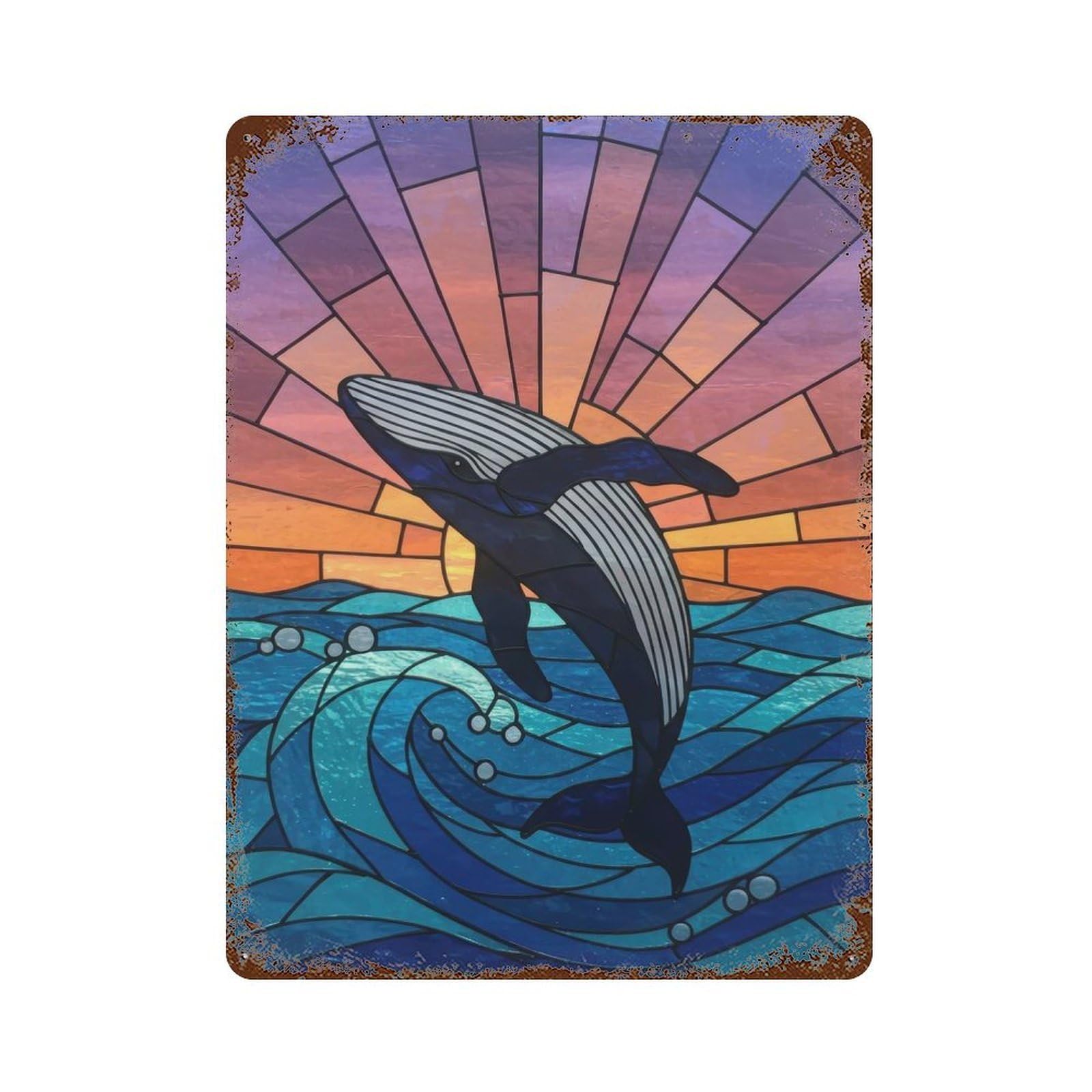 Stained Glass Whale Leaping from Ocean Rusty Metal Tin Sign 15.7"x11.8", Ideal for Patio, Garden Room And Bar Decor