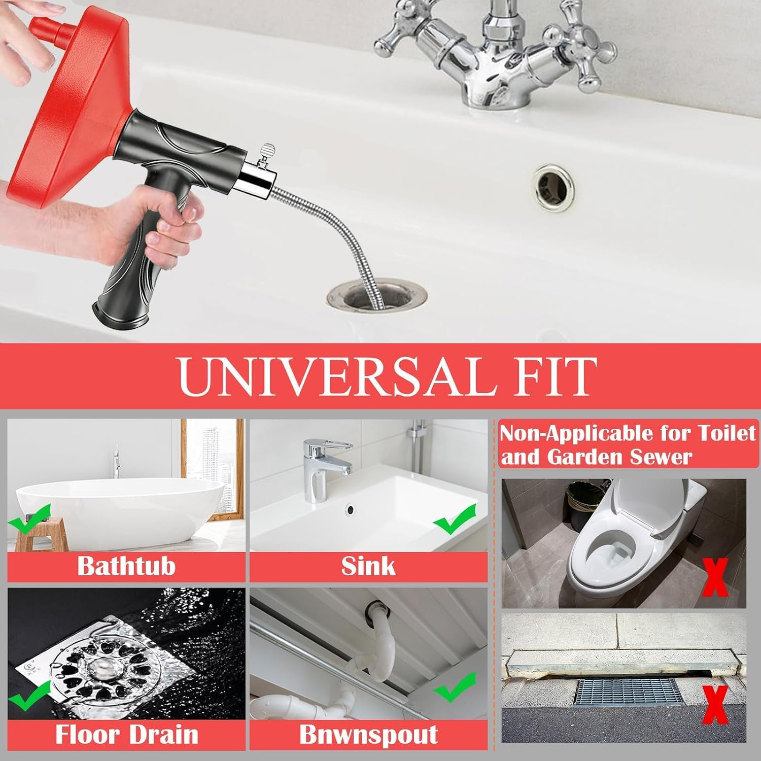 Drain Snake Auger, Plumbing Snake Drain Hair Clog Removal Tool, Heavy Duty Snake Auger, Sink Unclogger Drain Cleaner Tool for Bathroom Kitchen Tub Shower Drain Clog Remover with Gloves 33 Ft, Red
