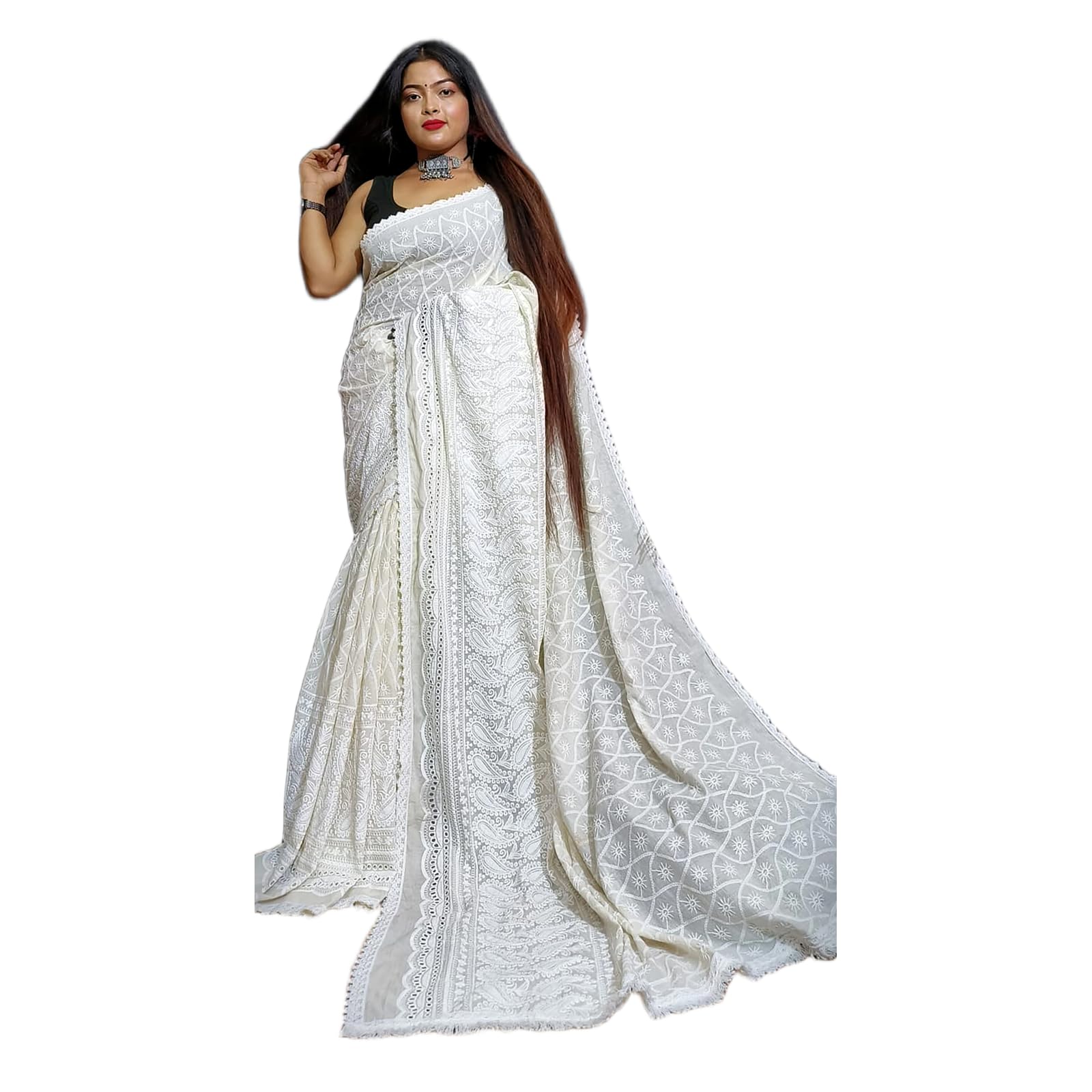 White Cotton Blend Saree - Embellished Lucknowi Chikankari Saree for Classic Grace-image-46