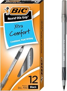 BIC Round Stic Grip Ball Pens Stick BLACK Medium Point Dozen Box, 12 Count (Pack of 1)