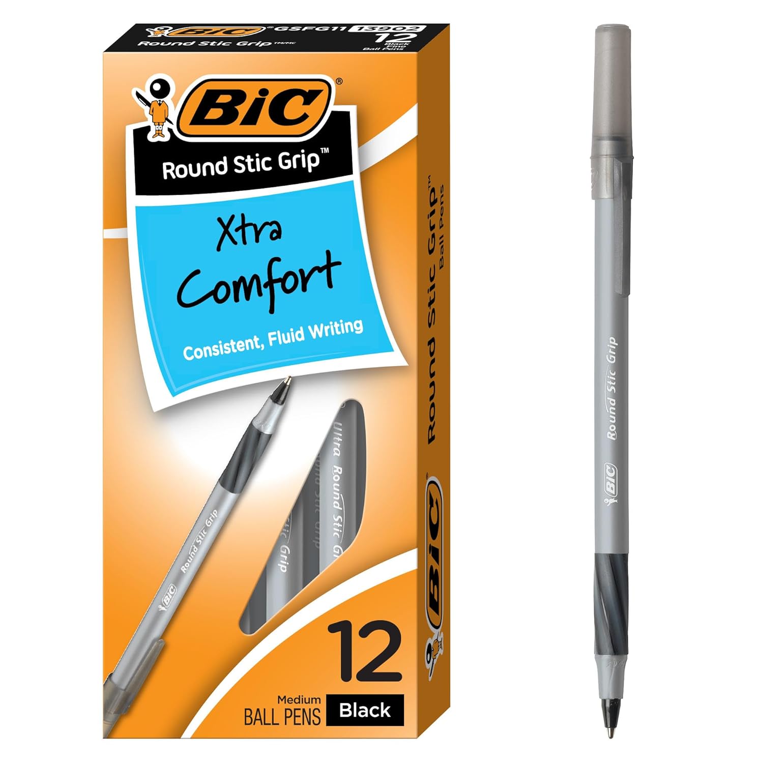 BIC Round Stic Grip Xtra Comfort Black Ballpoint Pens Medium Point 1 2mm 12-Count Pack Perfect Writing Pens