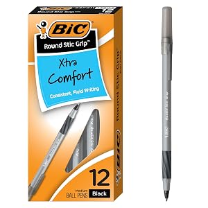 BIC Round Stic Grip Xtra Comfort Black Ballpoint Pens Medium Point 1 2mm 12-Count Pack Perfect Writing Pens