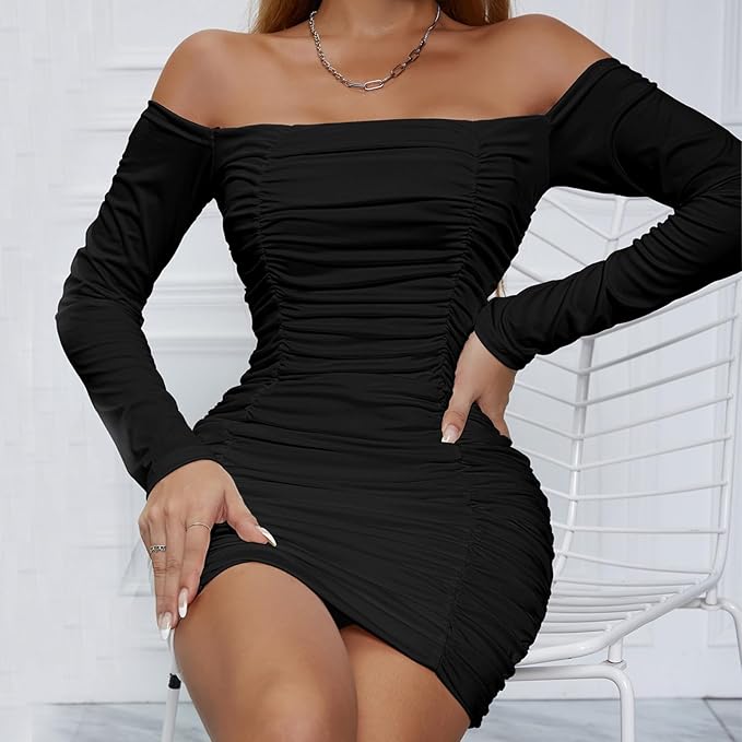 RPAEOY jurk voor dames, sexy, langarm, vierkante hals, mini-jurk, ruches, smal, kort, bodycon, elegant, cocktailjurk, avondjurk, feestjurk, zwart, L RPAEOY jurk voor dames, sexy, langarm, vierkante hals, mini-jurk, ruches, smal, kort, bodycon, elegant, cocktailjurk, avondjurk, feestjurk, zwart, L