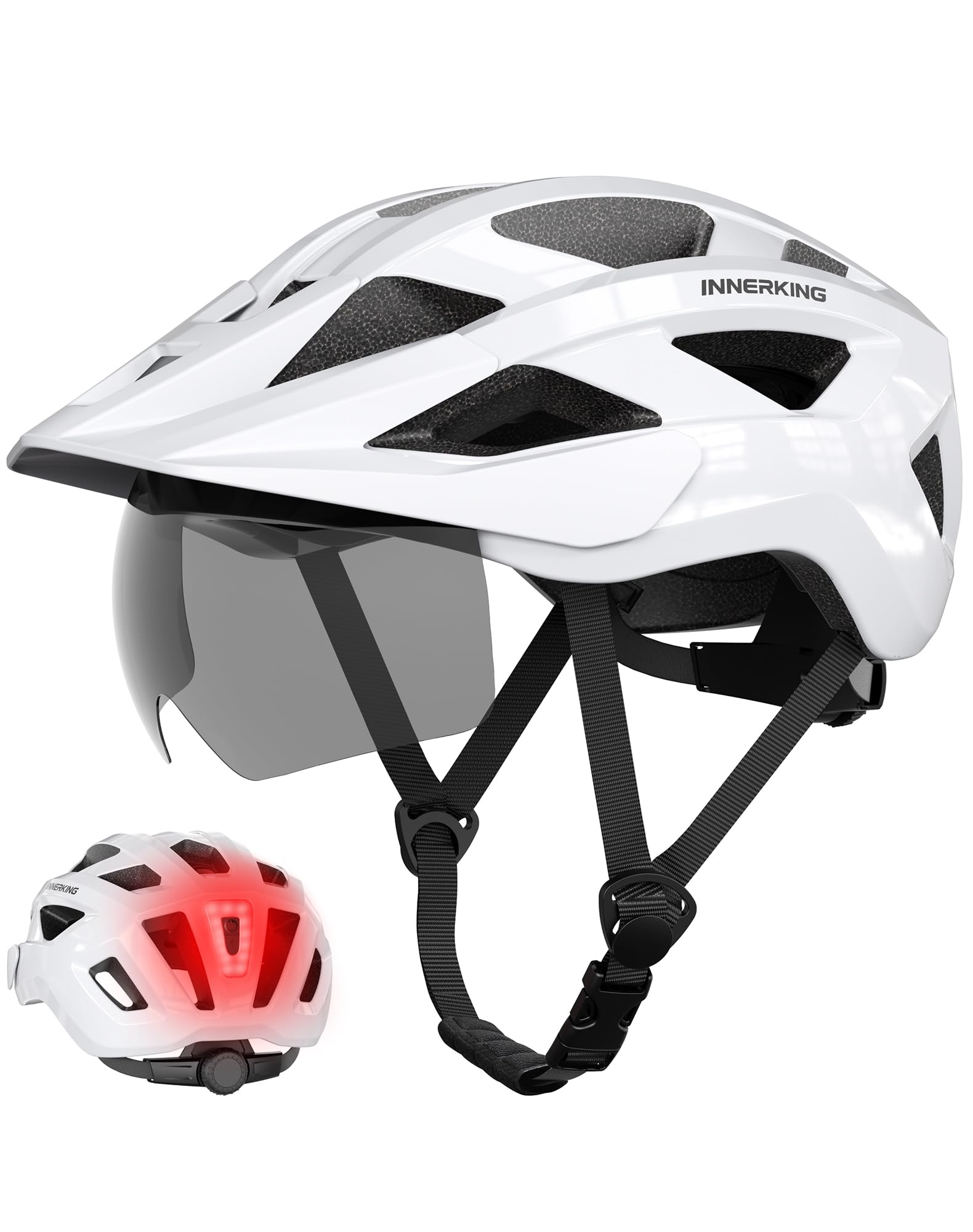 InnerKing Fahrradhelm Herren Damen, Leichte Fahrradhelm mit Magnetische Schutzbrille Visier und USB-Aufladung LED Licht, MTB Helm Radhelm Cityhelm