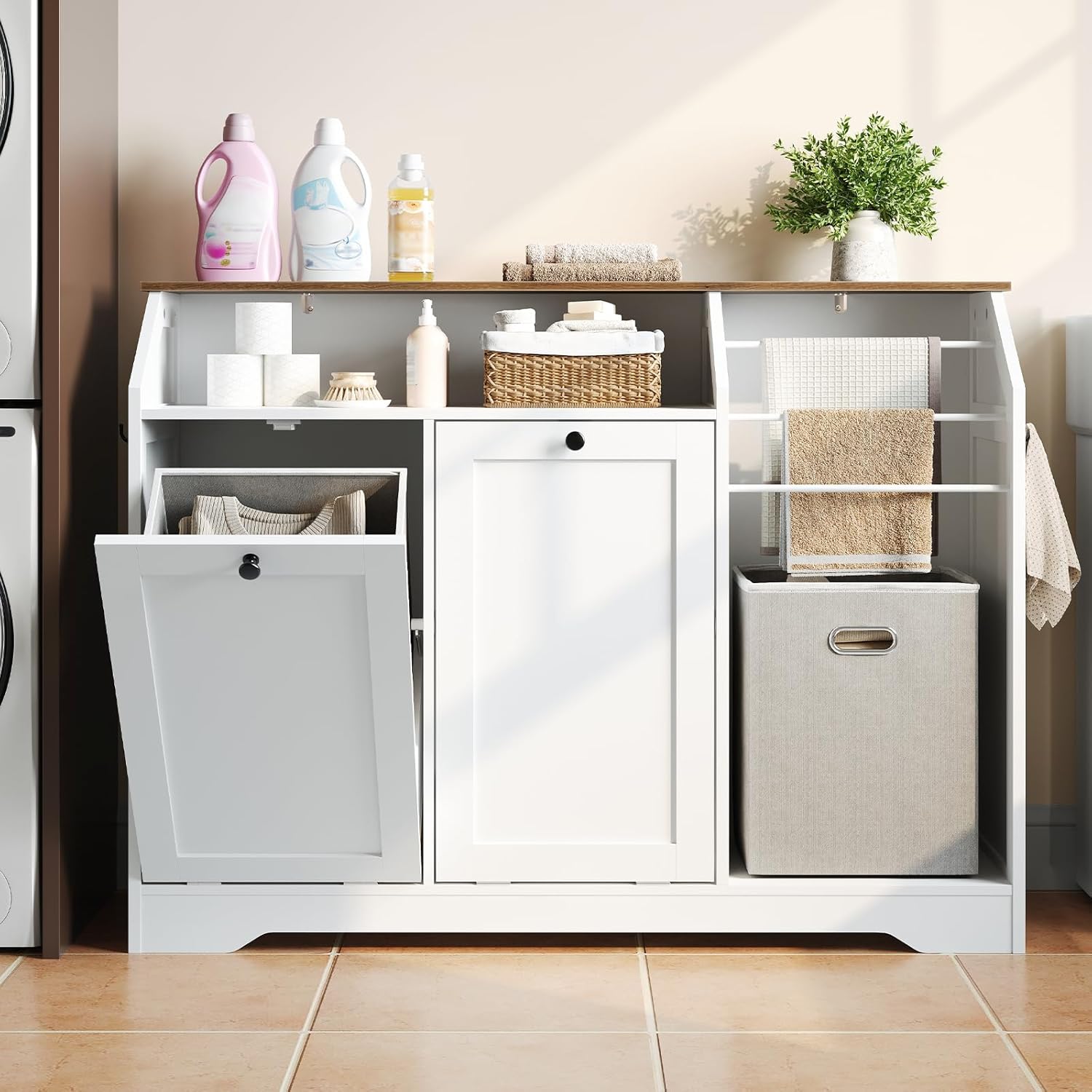43.3" Laundry Hamper Cabinet, Double Tilt-Out Laundry Hamper with 4 Hooks and 3 Towel Racks, 2 x 8.7 Gal Hidden Laundry Baskets, Trash Can Cabinet for Bathroom, Kitchen, White and Walnut