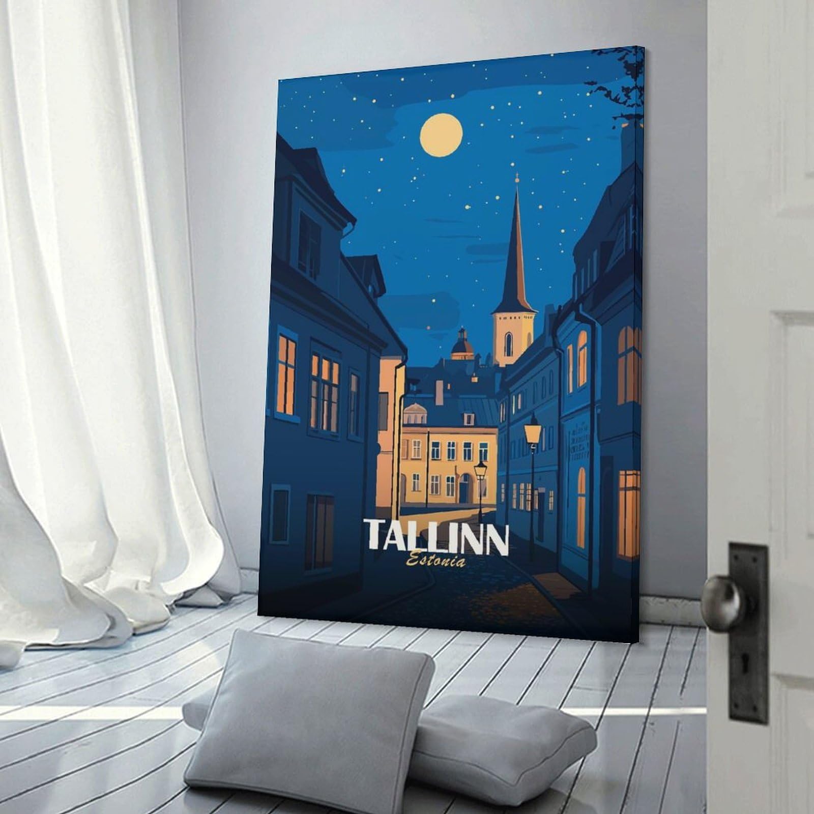 Junmoney Tallinn, Estonia Nightscape Illustration Room Decor Wall Art, 24x36inch(60x90cm), for Gallery Wall Decor And Room Displays, Decorative Artwork with Flexible Styling