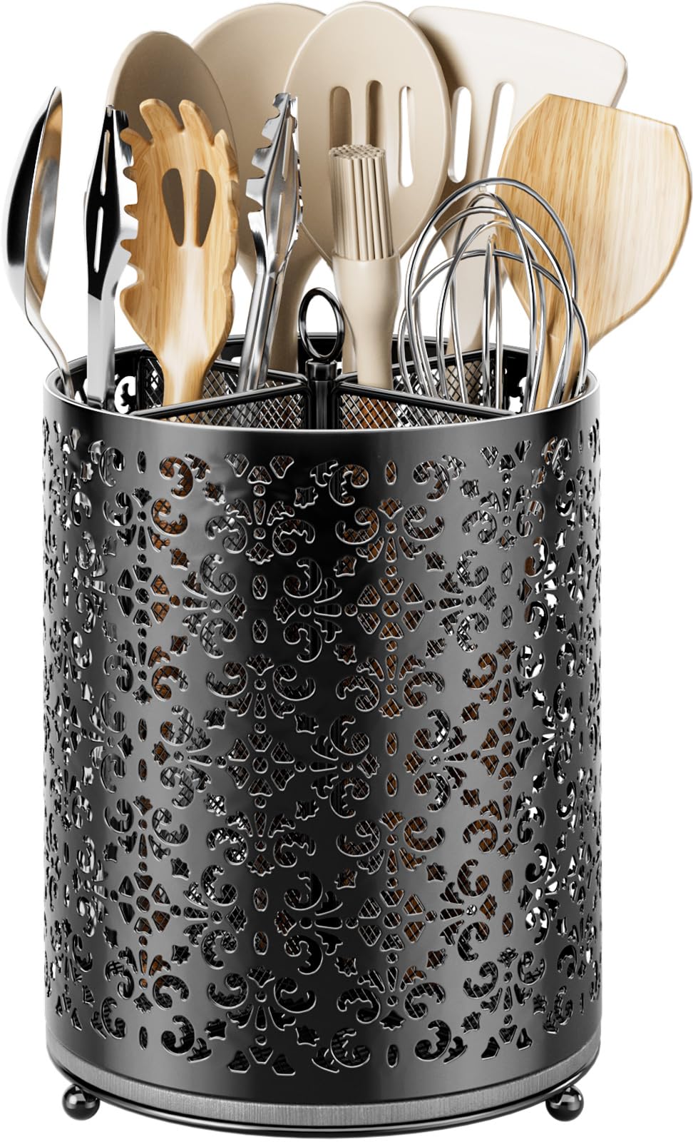 EKNITEY Instant-Dry Kitchen Utensil Holder - Large 360° Rotating Cutlery Basket - 4 Compartments Kitchen Utensil Storage - Spatula Storage Rack (Black)