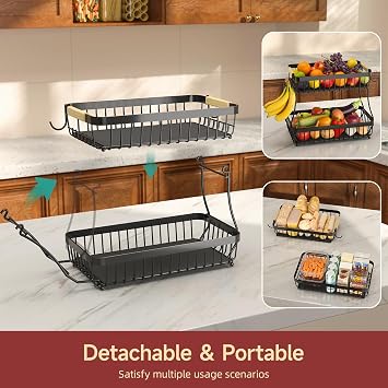 Sevenblue 2-Tier Fruit Basket with Banana Hangers, Detachable Metal Bowl | Wooden handle, protective mats included. Versatile holder for bread, snacks, and veggies. Extra Large 2 tier metal design.