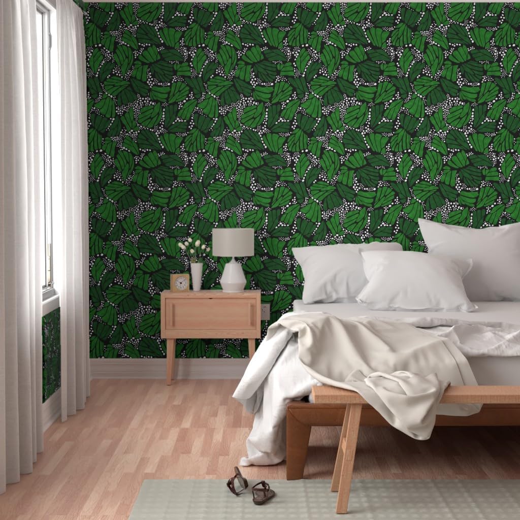 Commercial Grade Wallpaper 27ft x 2ft - Black Green Monarch Butterfly Nature Leaves White Traditional Wallpaper by Spoonflower
