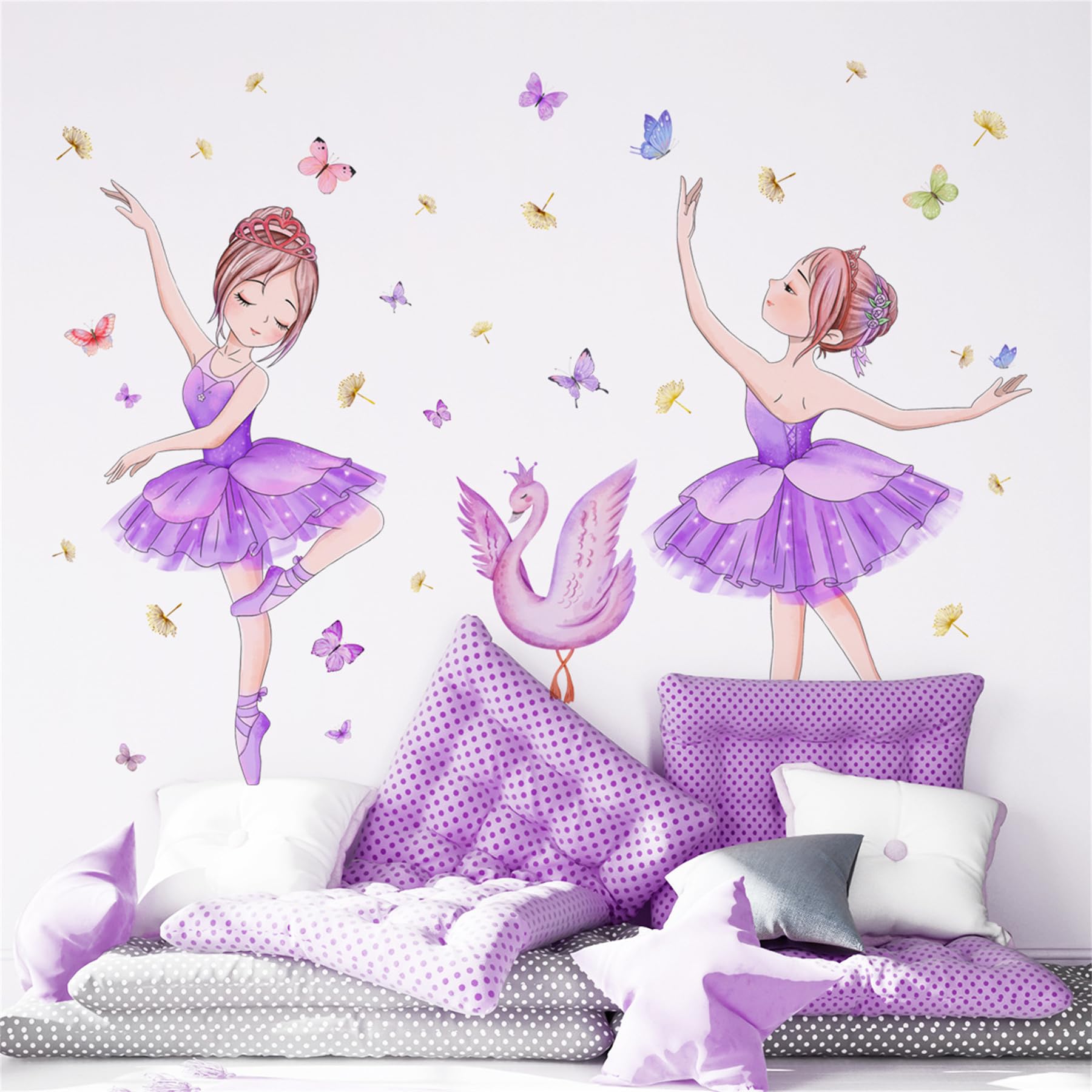 Girl Wall Stickers, Purple Dancing Girl Home Decor Wall Decals with Swan Butterfly - Image 2