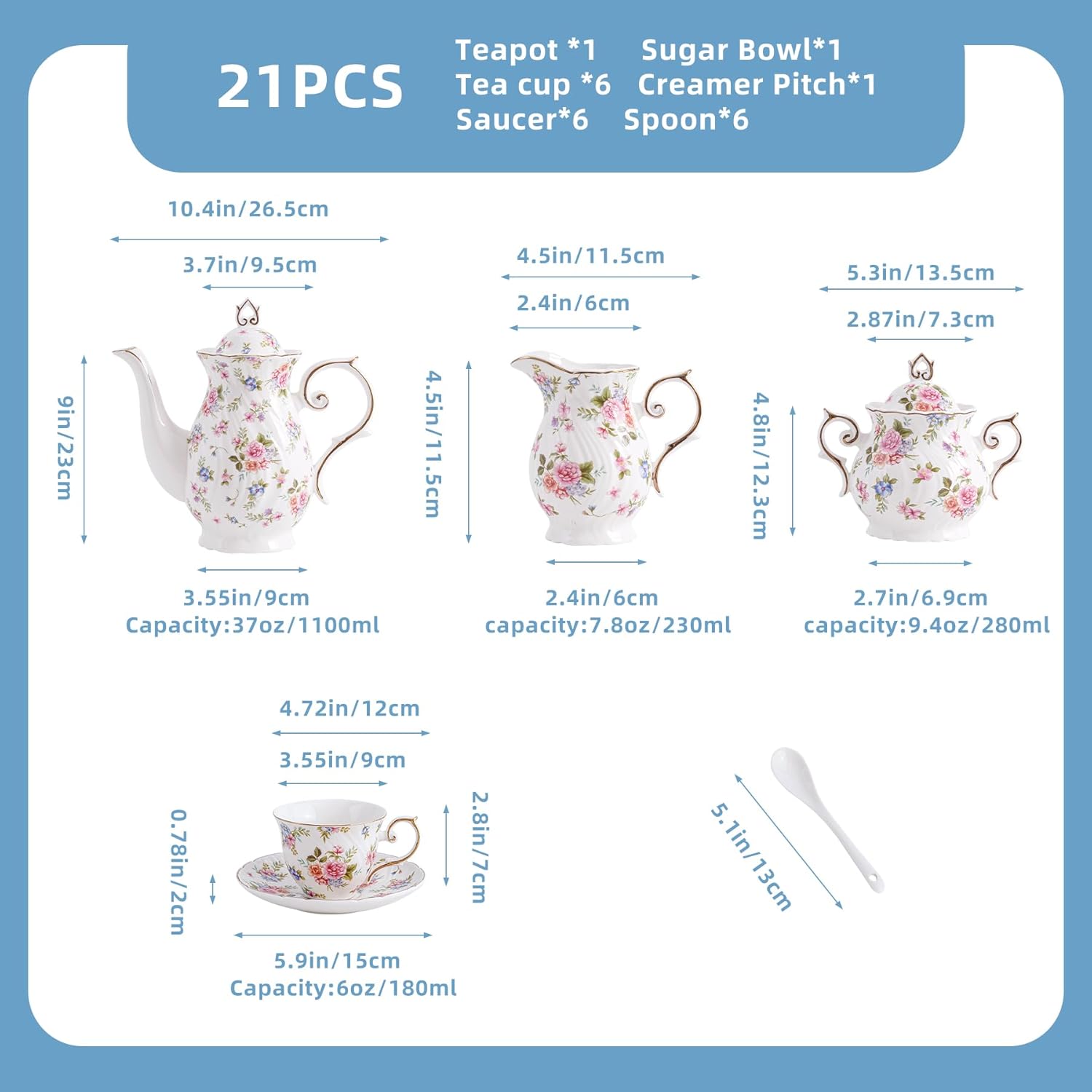 Tea Set 21-Piece Ceramic tea cups and saucers set of 6 with Sugar and Creamer Set,Teapot,teapot set for Adults, Women Tea Party (small crushed flower) - Image 2