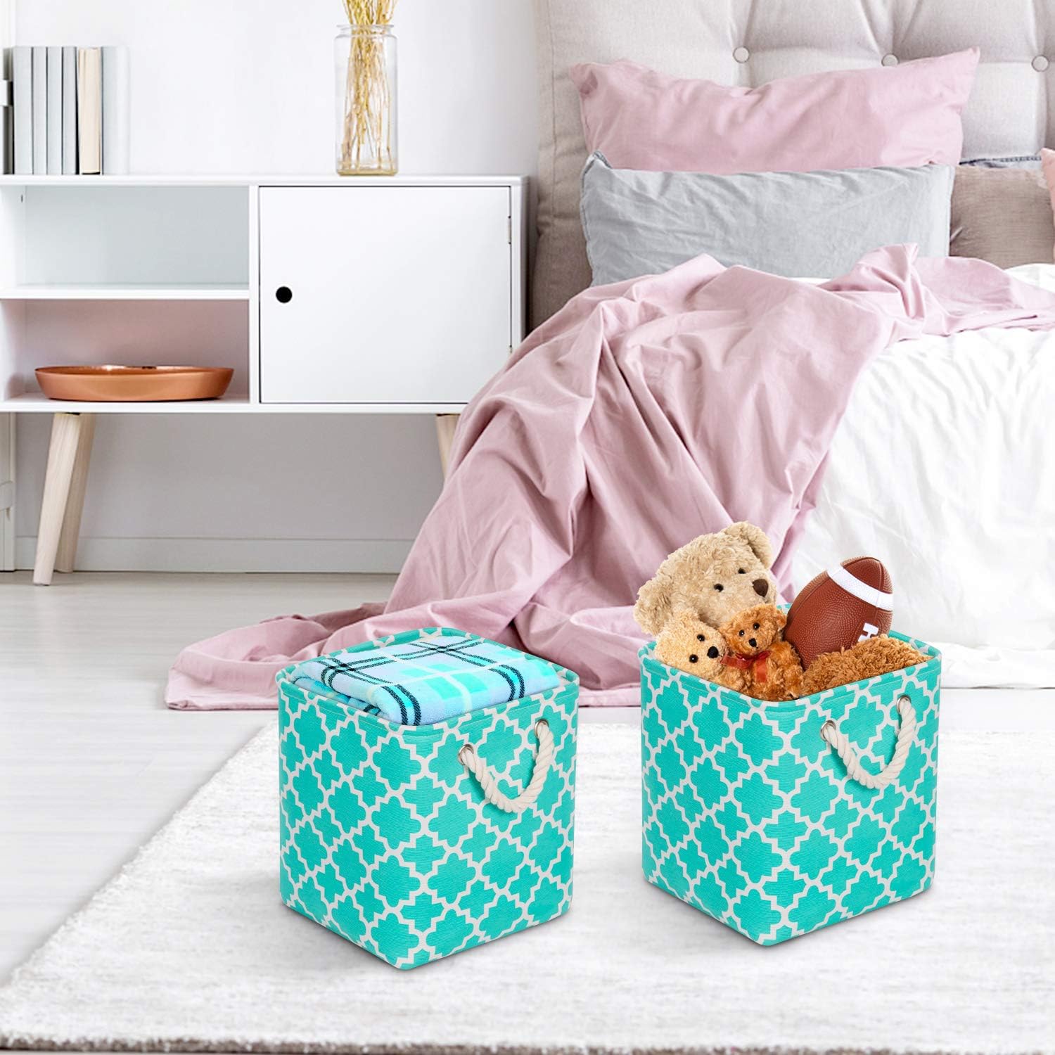 Univivi Cube Storage Bins [4-Pack] Green Fabric Storage Cubes with Sturdy Cotton Carry Handles Storage Basket for Shelf Closet Nursery Home Office Organizing (10.5" x 10.5" x 11")