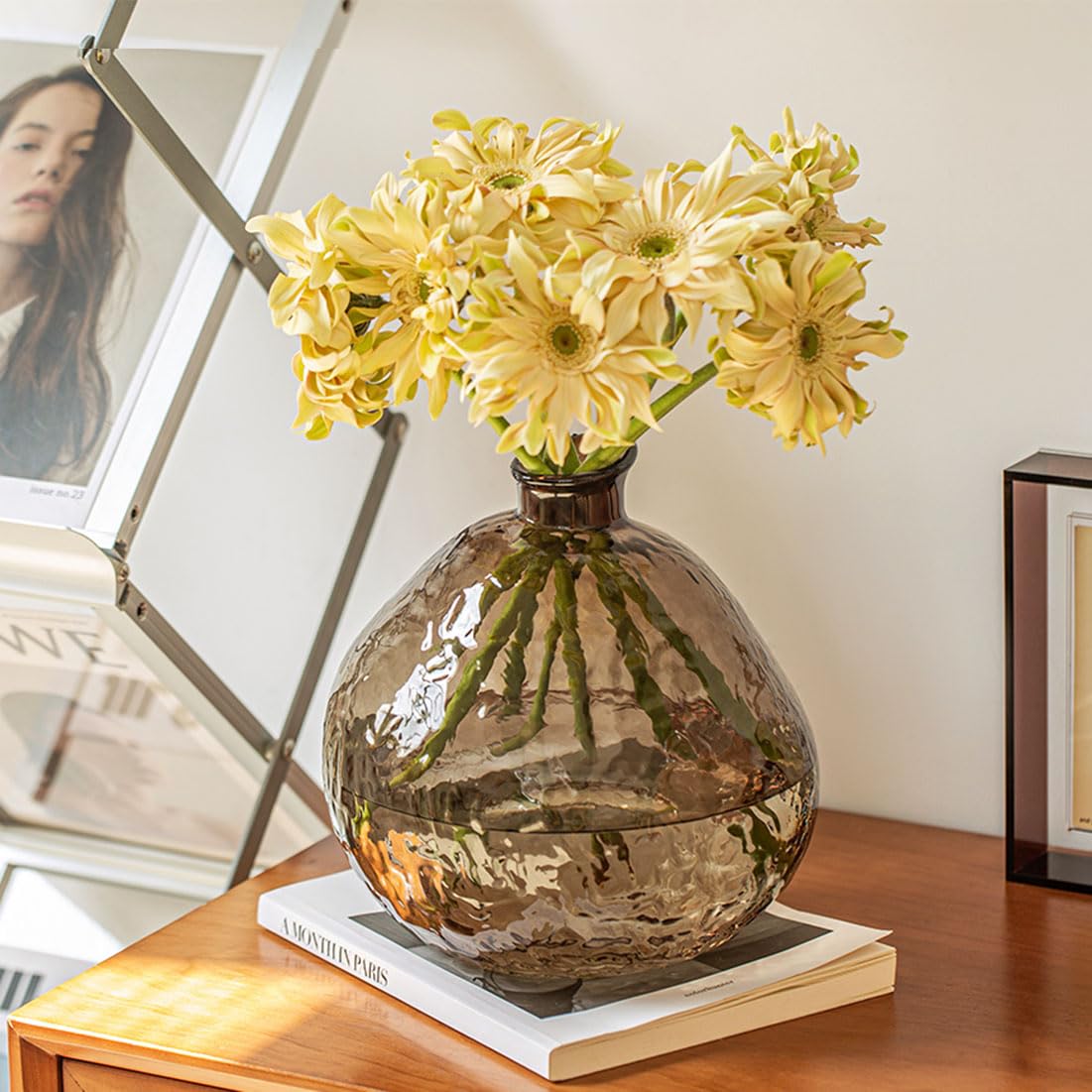 Jarrón de cristal ámbar hecho a mano para decoración del hogar Wabi Sabi, jarrón grande texturizado para sala de estar y decoración de mesa de entrada
