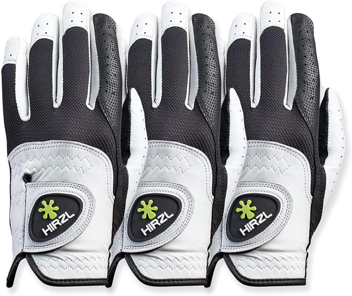 HIRZL Trust Control 2.0 Golf Gloves, All Weather Mens Golf Glove, White/Black, Kangaroo Leather Palm, Cabretta Leather Backhand, Trusted by Pro’s, Sweat Free, Ultimate Grip