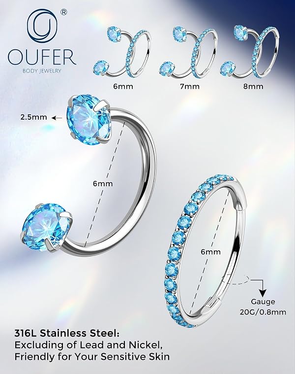 OUFER 2PCS Blue CZ Nose Rings Hoops, 20g Double Gem Horseshoe Threadless Nose Rings for Women, Septum Clicker Daith Tragus Helix Rook Eyebrow Lip Piercing Jewelry-6mm by OUFER - Used condition - Image 6