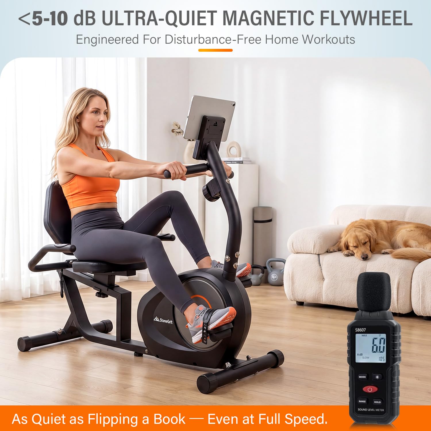 Cyclette reclinata per casa con connettività app, cyclette silenziosa a resistenza magnetica con monitor LCD, maniglia per la frequenza cardiaca, sedile e schienale regolabili, pedali con