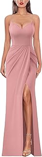 Womens Sexy Formal Ruched Fitted High Slit Bodycon Maxi Dress Spaghetti Strap Sweetheart Cocktail Prom Evening Gown - Buy now