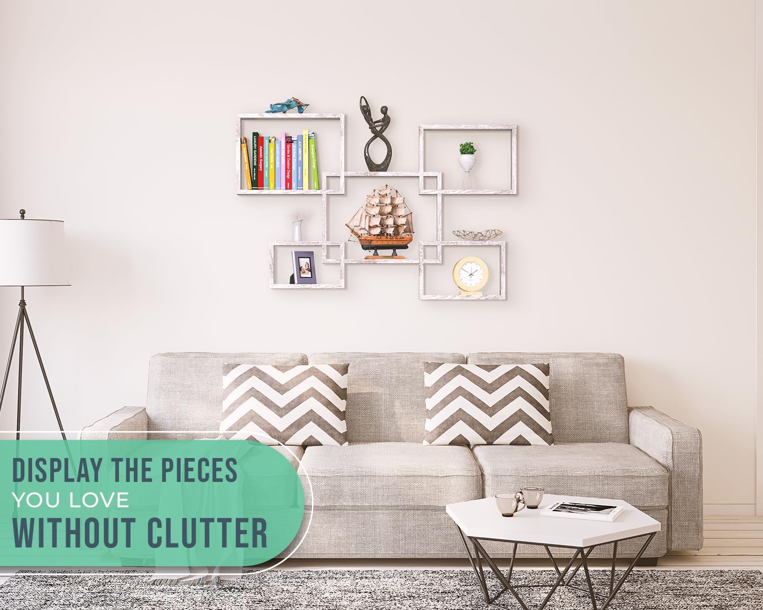 Comfify Rustic Wall Mounted Square Shaped Floating Shelves – Set of 5 Square Shelves for Bathroom, Bedroom, Living Room & More – Wall Decor Display for Home - Distressed White