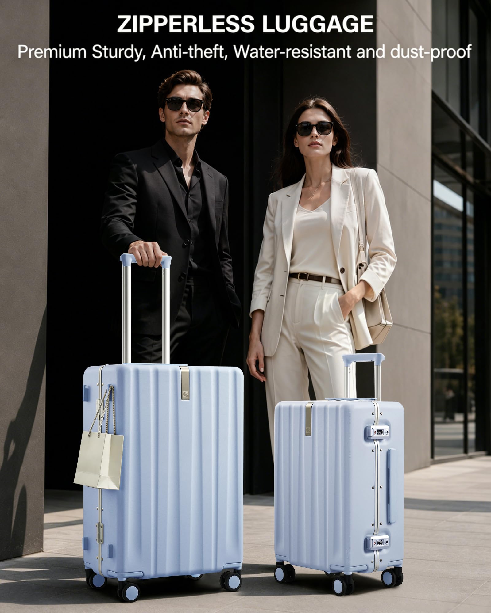 Hanke Collezione di bagagli senza cerniera Premium con serrature TSA, Blu nebbia (Mist Blue), 71 cm, Bagaglio Hardside Con Ruote Spinner