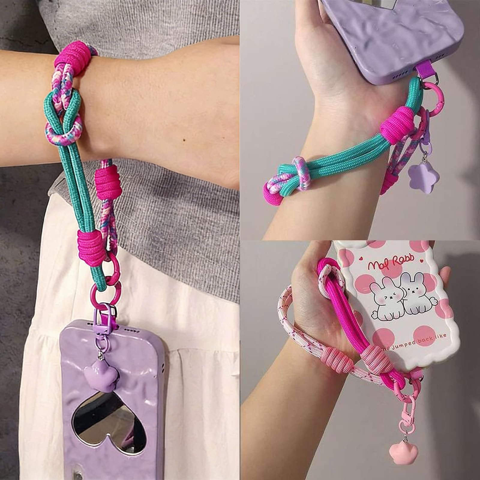 Farbblockierung Handykette Kurz Handyband Universal Rosa Handyanhänger, Gewebt Phone Strap Lanyard Handschlaufe Handy Handyschmuck für Handyhülle Keychain