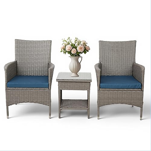 3-Piece Rattan Garden Furniture Set with Blue Cushions and Pe Rattan Coffee Table, Suitable for Courtyards, Patios, Balconies, Porches, Gardens, Backyards, and Bars (Gray and Blue)