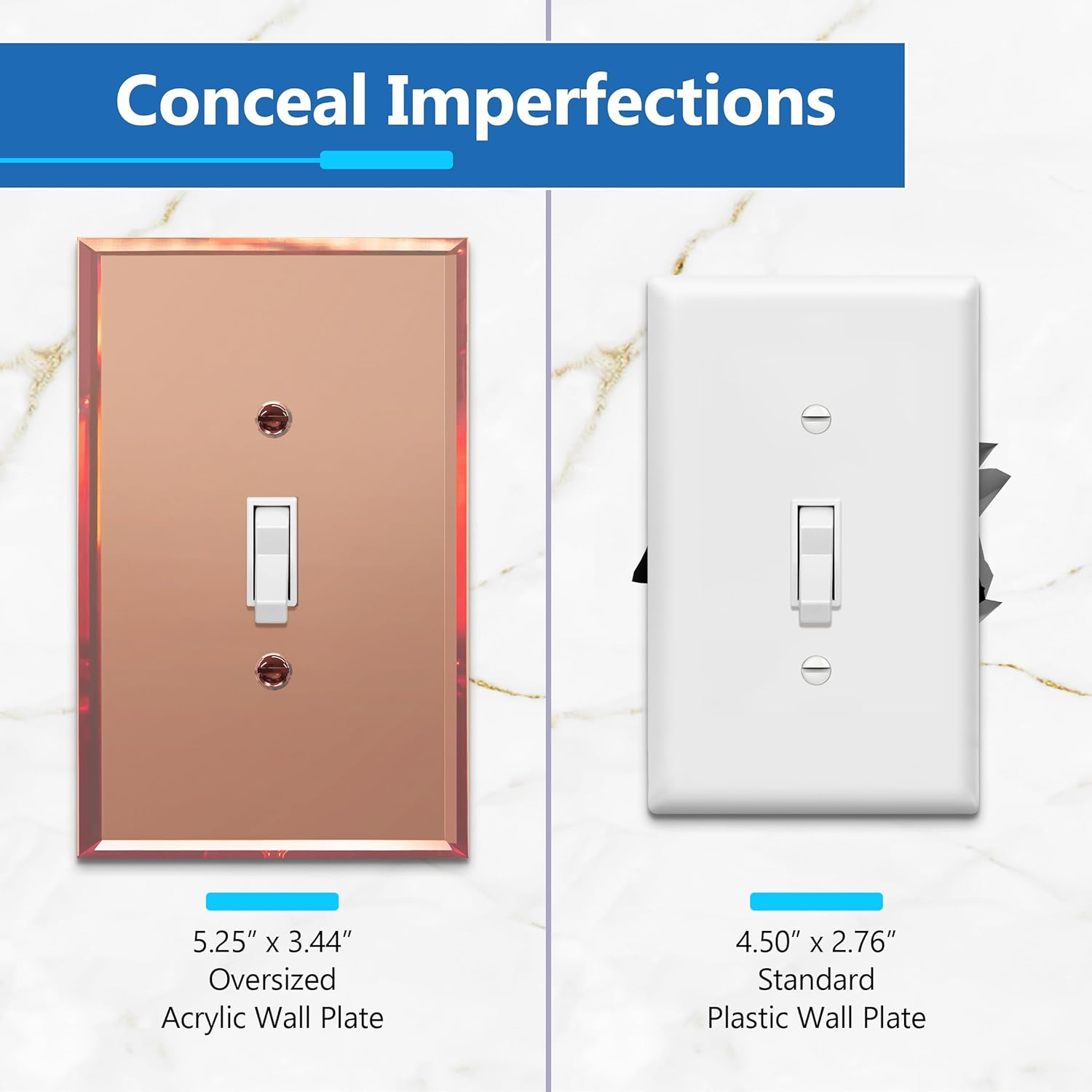 LIDER Toggle Switch Acrylic Wall Plate, Mirrored Light Switch Plate, Plexiglass Switch Cover, Mirror-like Reflective Finish, Modern Upgrade, Oversized 1-Gang 5.25" x 3.44", Rose Gold, 5 Pack