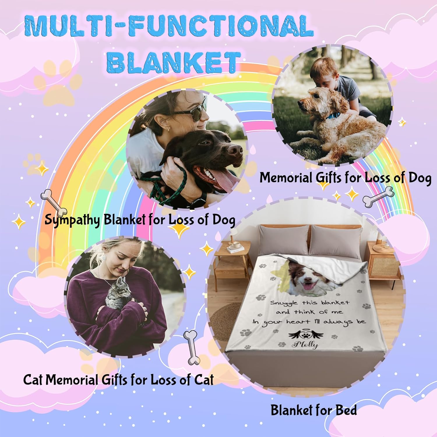 review M YESCUSTOM Custom Dog Memorial Blanket Personalized Pet Cat Loss Sympathy Memory Blanket Remembrance Gift with Dog Picture Name for Dog Lover Pet Owner - Made in USA