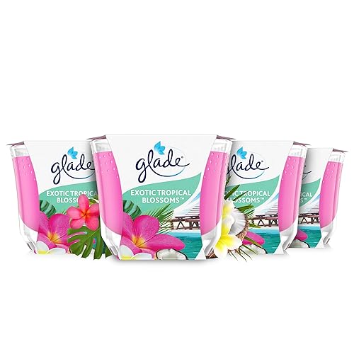 Glade Jar Candle, Scented Candle Infused with Essential Oils, Up to 44 Hour Burn Time, Tropical Blossoms, Pack of 4 (4 x 224g)