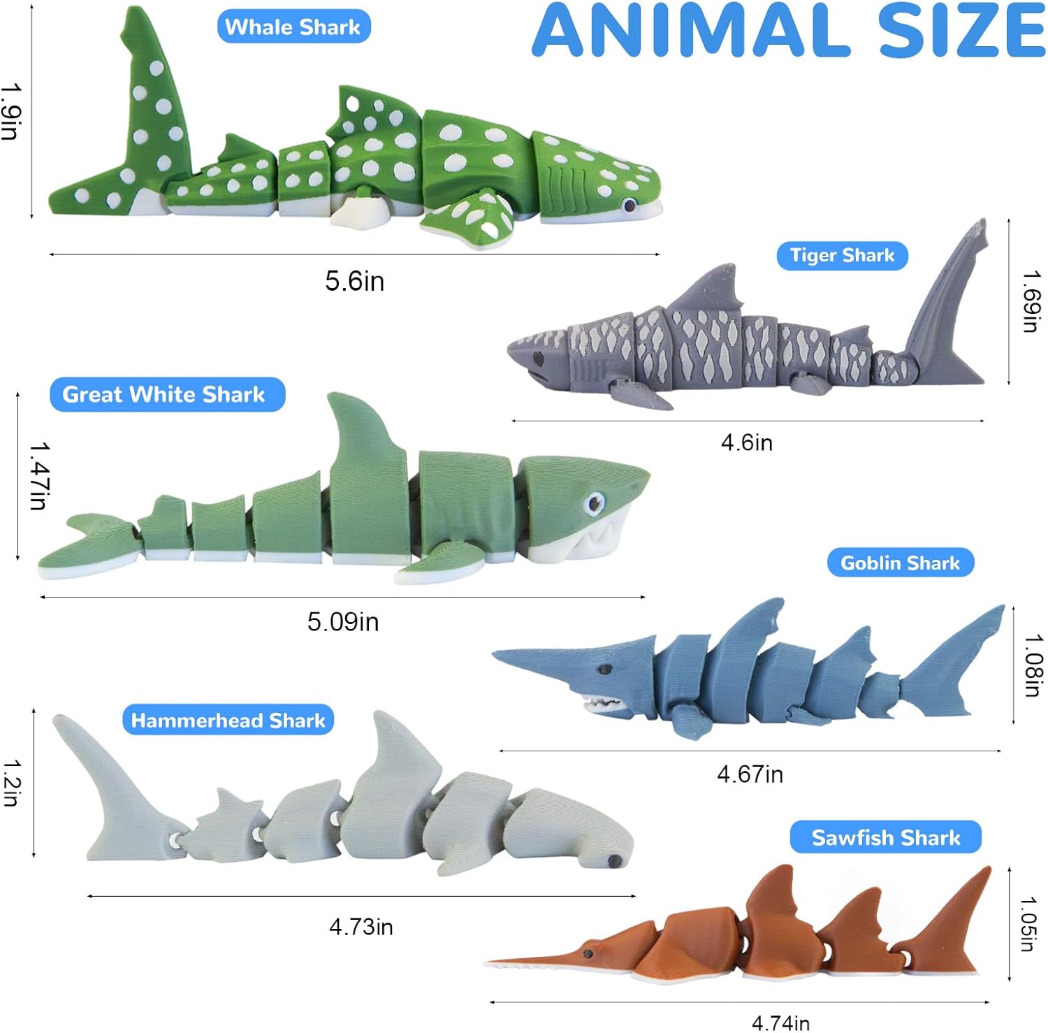 Viabty 6PCS 3D Printed Shark Figurines Toys for Kids Toddlers, Realistic Ocean Sea Animals Bath Toys Fidget Toys Cake Toppers Shark Party Decorations Christmas Birthday Gift for Boys Girls