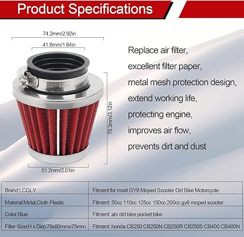 Miniatura 3 de 2 filtros de aire universales de 1.654 in para GY6 125CC 150CC 200CC 250CC Dirt Bike ATV Quad Scooter Go Kart compatible con Kawasaki Suzuki Yamaha