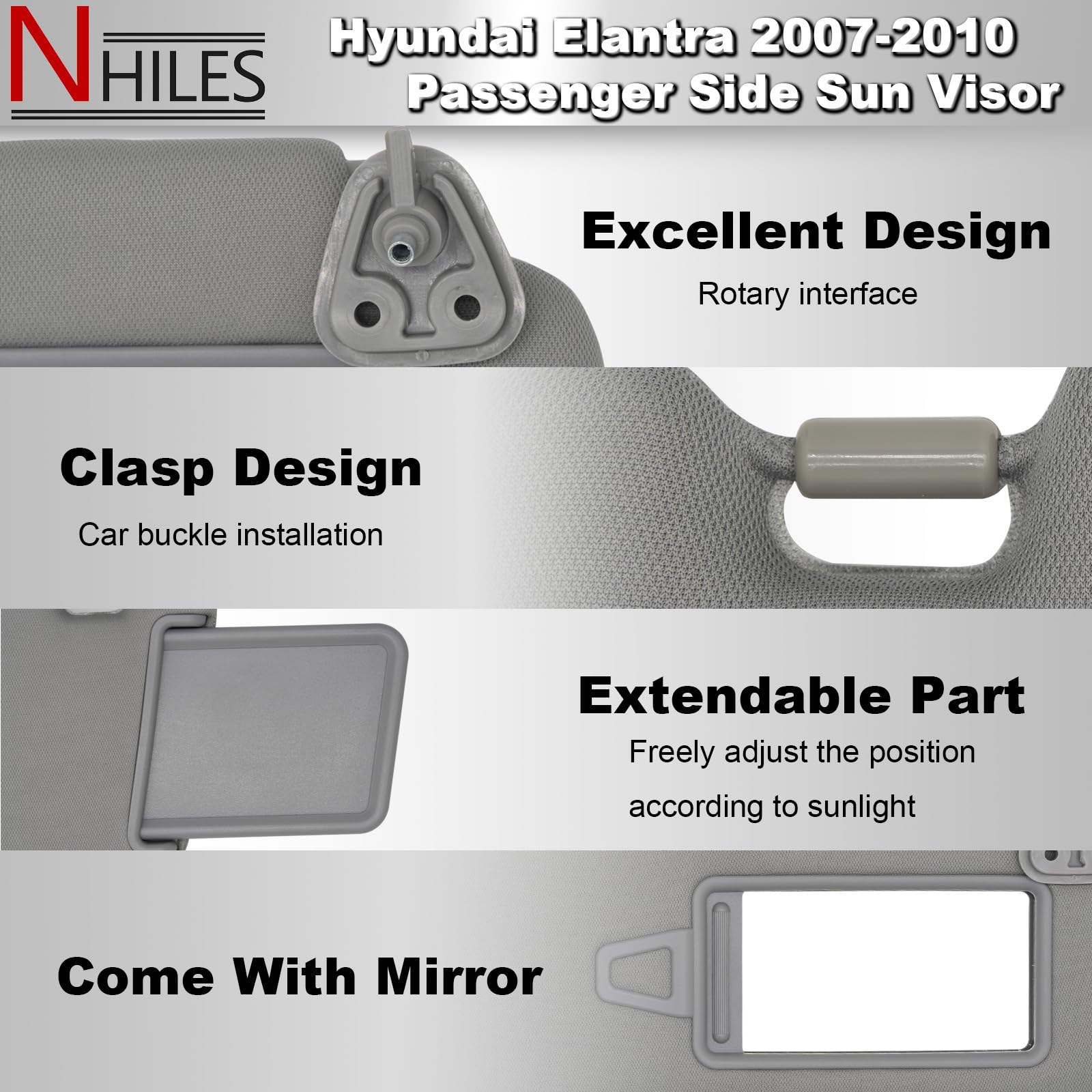 NHILES Visera para el lado derecho del pasajero para Hyundai Elantra 2007 2008 2009 2010 Sombra de reemplazo para el sol # 85202-2H110-8M (Gris)