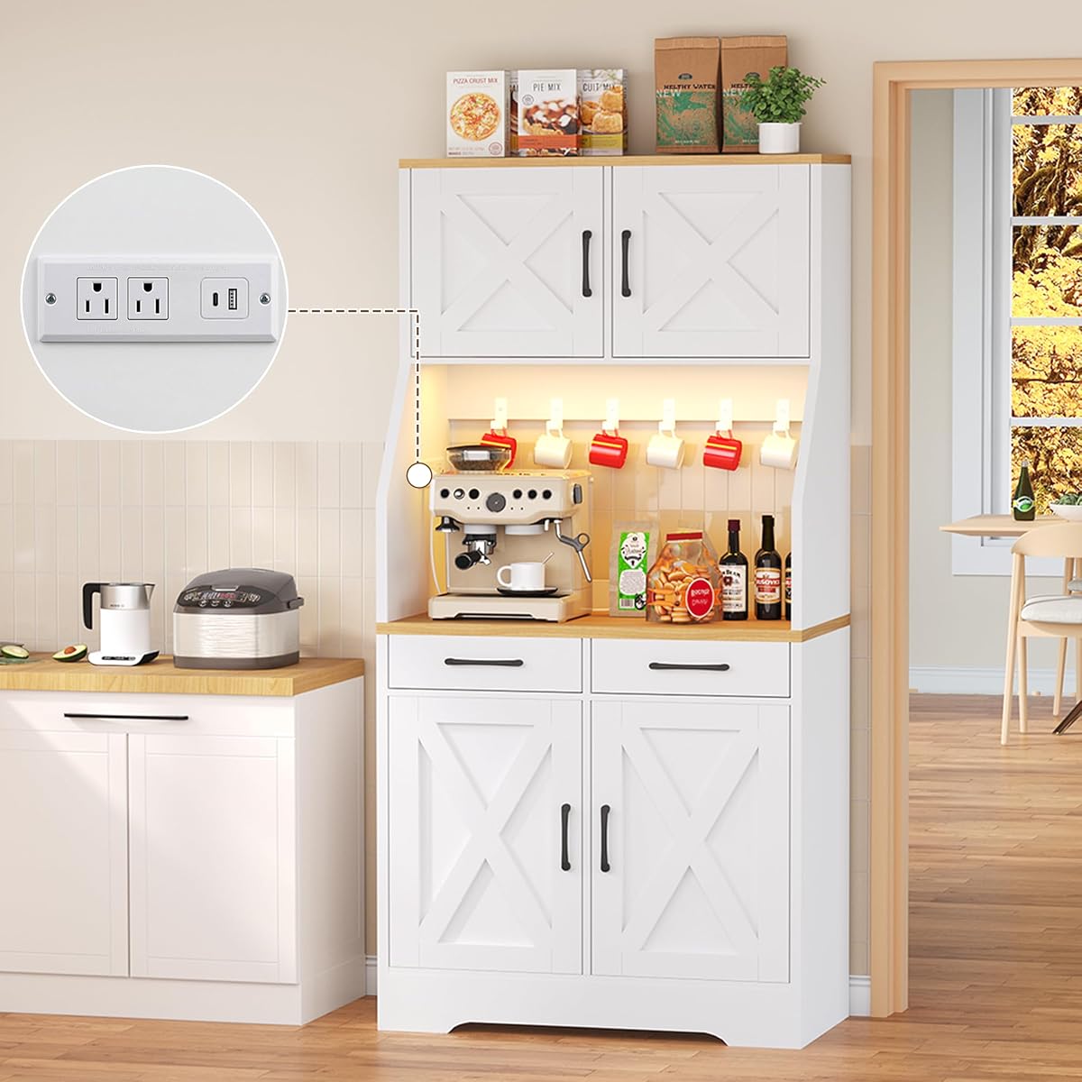 DreamDashio 73" Tall Pantry Cabinet with Charging Station & LED Light, Kitchen Pantry Storage Cabinet with Microwave Stand, Farmhouse Kitchen Hutch with 2 Storage Drawers and 6 Hooks for Dining Room